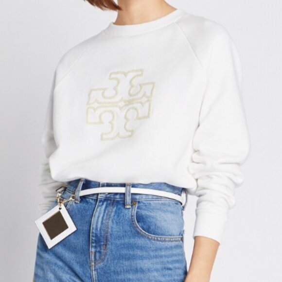 Tory Burch HEAVY FRENCH TERRY LOGO CREWNECK Sweater Sweatshirt White XS - Picture 1 of 16